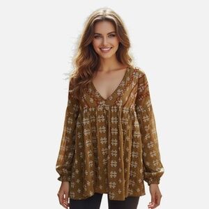 NWT Oh My Stars Ellie Mae Blouse Brown V-Neck Embroidered Boho Women’s Size S